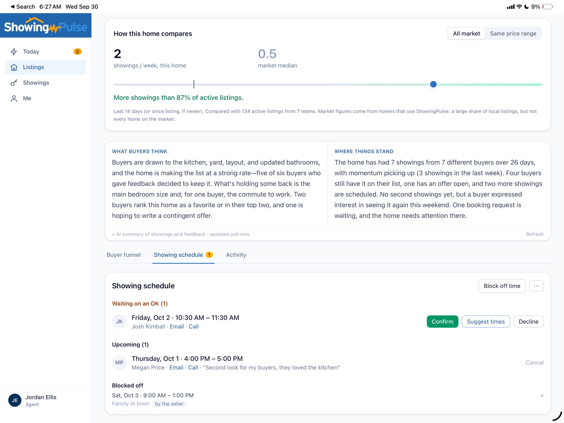 A listing in ShowingPulse on iPad: market comparison, AI summary and showing schedule