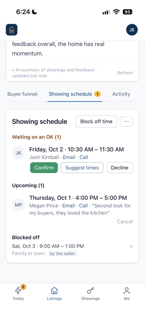 The showing schedule in ShowingPulse